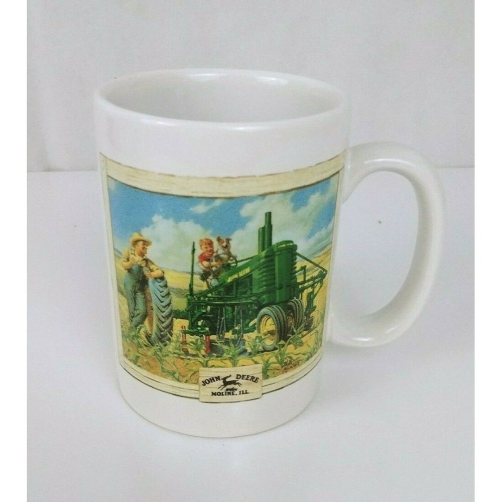 JOHN DEERE TRACTOR COFFEE CUP MUG MOLINE IL. BOY ON TRACTOR & FISHING WITH DAD